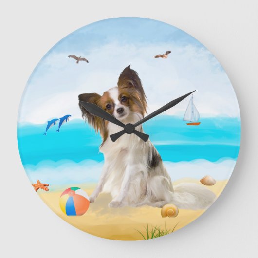 Grande Horloge Ronde Chien de Papillon sur la plage (Recto)