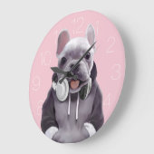 Grande Horloge Ronde Chien de taureau français avec casque (Angle)