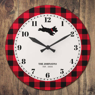 Grande Horloge Ronde Chien écossais personnalisé Buffalo Plaid Rouge