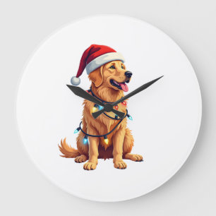 Grande Horloge Ronde Chien Golden Retriever Santa Noël Xmas Lumières (