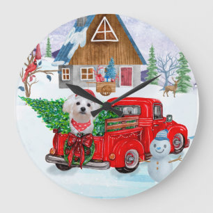 Grande Horloge Ronde Chien maltais en livraison de Noël Camion Neige