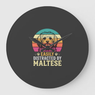Grande Horloge Ronde Chien maltais rétro coucher de soleil distrait