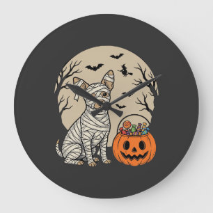 Grande Horloge Ronde Chien Momie d'Halloween et Bonbons Citrouille