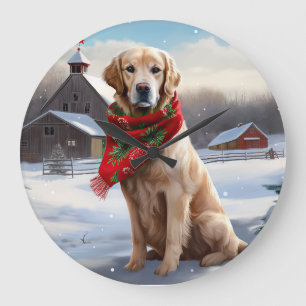 Grande Horloge Ronde Chien Retriever doré dans la neige Noël
