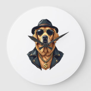 Grande Horloge Ronde Chien Retriever Doré Vintage Cool en Lunettes de S