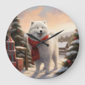 Grande Horloge Ronde Chien Samoyé à Noël de neige (Recto)