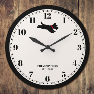 Grande Horloge Ronde Chien Scottie Personnalisé Nom Noir
