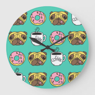 Grande Horloge Ronde Chiens amusants, beignets, motif de café.