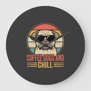 Grande Horloge Ronde Chiens de café et Pug Rétro Chill