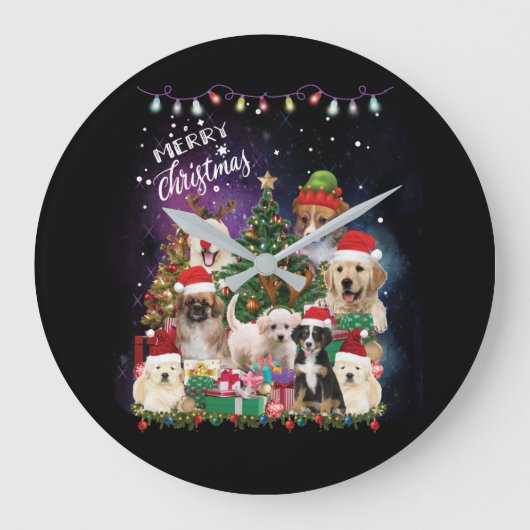 Grande Horloge Ronde Chiens Joyeux Noël Lumière (Recto)