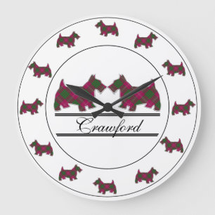 Grande Horloge Ronde Chiens Scottish Clan Crawford Tartan Plaid Scottie