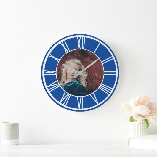 Grande Horloge Ronde Chiffre romain blanc Bleu profond Ajouter la photo (Maison)