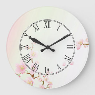 Grande Horloge Ronde Chiffre romain de nature rose et blanche de fleurs