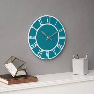 Grande Horloge Ronde Chiffres romains blancs Motif Turquoise Bleu rond