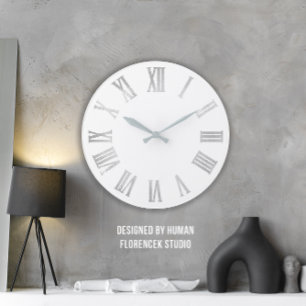 Grande Horloge Ronde Chiffres romains gris argenté blanc