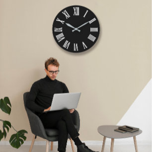 Grande Horloge Ronde Chiffres romains gris gris gris noir