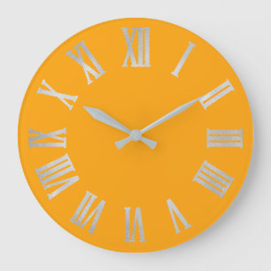 Grande Horloge Ronde Chiffres romains gris-jaune d'argent métallique g