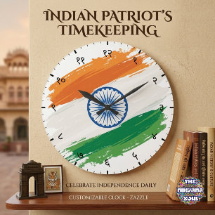 Grande Horloge Ronde Chiffres Sanskrits Hindi avec Drapeau Tricolore In