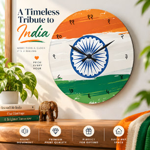Grande Horloge Ronde Chiffres Sanskrits Hindi avec Drapeau Tricolore In