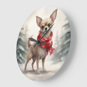 Grande Horloge Ronde Chihuahua dans la neige Noël 