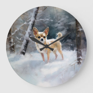 Grande Horloge Ronde Chihuahua Noël sous la neige