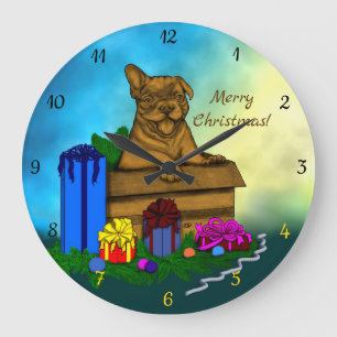 Grande Horloge Ronde Chiot dans une boîte, Joyeux Noël
