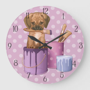 Grande Horloge Ronde Chiot de Puggle dans le pot de peinture