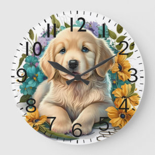 Grande Horloge Ronde Chiot Retriever doré adorable
