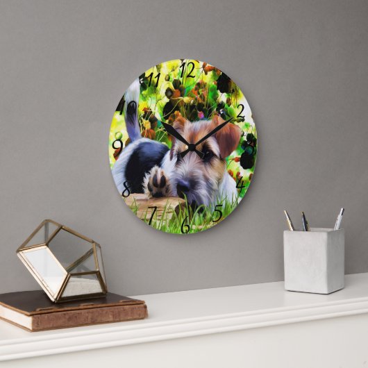 Grande Horloge Ronde Chiot Terrier Brown et blanc au sol (Bureau)