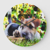 Grande Horloge Ronde Chiot Terrier Brown et blanc au sol (Recto)