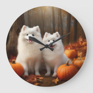 Grande Horloge Ronde Chiots Esquimau Américain Automne Délice Citrouill