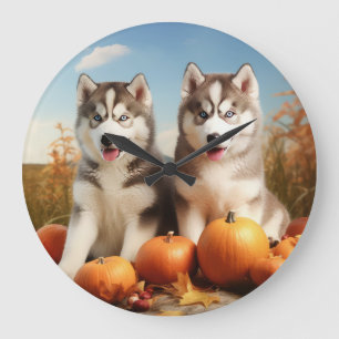 Grande Horloge Ronde Chiots Malamute d'Alaska Délice d'Automne Citrouil