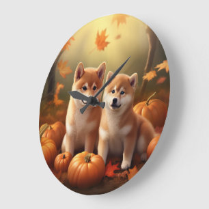 Grande Horloge Ronde Chiots Shiba Inu Délice d'Automne Citrouille