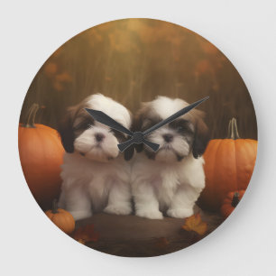 Grande Horloge Ronde Chiots Shih Tzu Délice d'Automne Citrouille 
