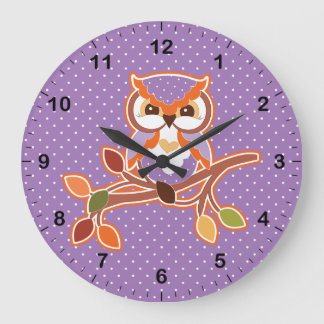 Grande Horloge Ronde Chouette à automne pointillée Polka