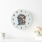 Grande Horloge Ronde Chouette à gros yeux mignonne tenant un café (Maison)