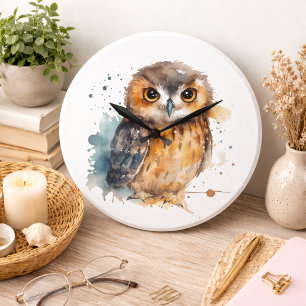 Grande Horloge Ronde Chouette aquarelle adorable