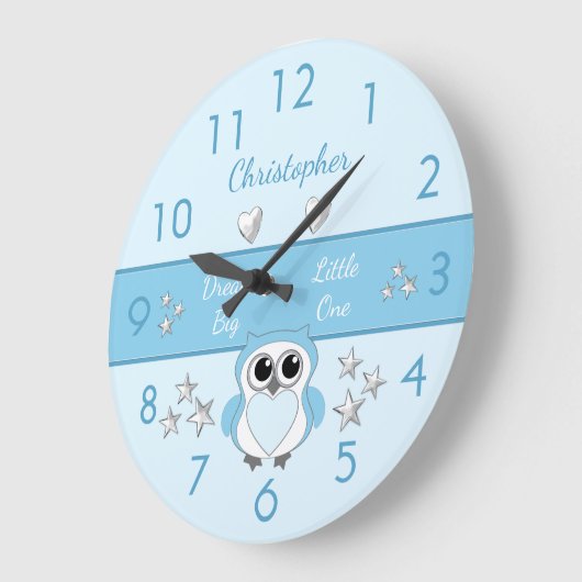 Grande Horloge Ronde Chouette bleu avec étoiles et un nom (Angle)