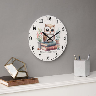 Grande Horloge Ronde Chouette livre nook bienvenue ajouter texte lectur