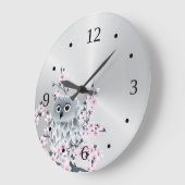 Grande Horloge Ronde Chouette mignonne et fleurs de cerisiers Argent (Angle)