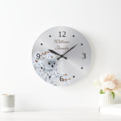 Grande Horloge Ronde Chouette mignonne et fleurs de cerisiers Monogramm (Maison)