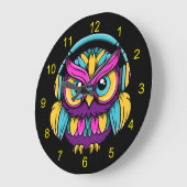 Grande Horloge Ronde Chouette rétro portant un casque (Angle)