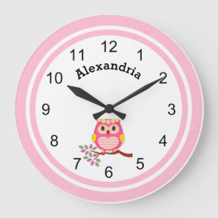 Grande Horloge Ronde Chouette rose