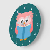 Grande Horloge Ronde Chouette rose lisant mignonne (Angle)