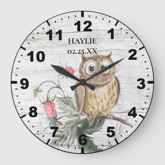 Grande Horloge Ronde Chouette rustique sur fraise Plante Grange Bois (Recto)