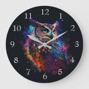 Grande Horloge Ronde Chouette spatiale colorée
