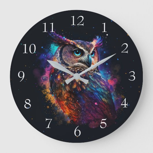 Grande Horloge Ronde Chouette spatiale colorée (Recto)