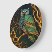Grande Horloge Ronde Chouette Turquoise et Or (Angle)