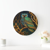Grande Horloge Ronde Chouette Turquoise et Or (Maison)