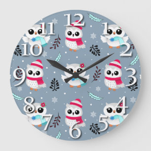 Grande Horloge Ronde Chouettes d'hiver